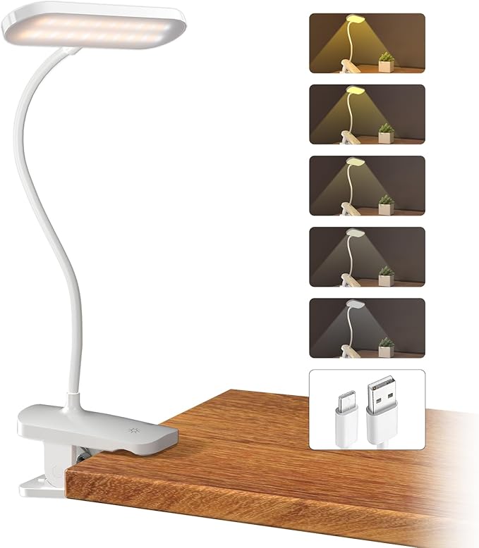 CUHIOY Desk Lamp with Clamp, Portable Cordless Rechargeable Clip on Reading Light, Eye-Caring LED Kid's Bunk Bed Light, 5 Colors 5 Brightness Flexible Neck Architect Lamp for Studying Crafting (White)