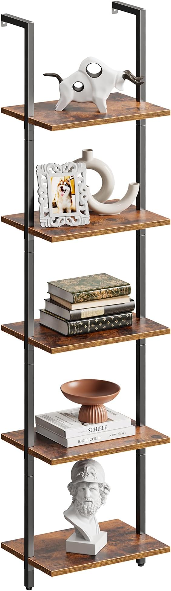 SUPERJARE 5 Tier Bookshelf, Narrow Book Shelf with Open Display Shelves, Small Bookcase with Metal Frame for Bedroom, Living Room, Rustic Brown
