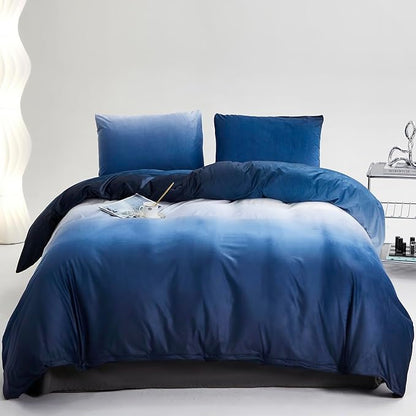 Blue White Gradient Comforter Set Queen Blue Velvet Bedding Comforter Modern Plain White and Royal Blue Gradient Soft Quilt Farmhouse Flannel Comforter Warm Queen Bed Comforter