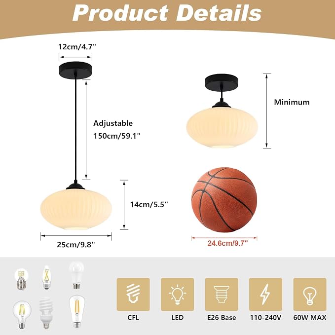 KCO Lighting Matte Black Lantern Pendant Light with 9.8” White Ribbed Glass | Adjustable Cord E26 Hardwired Mid Century Modern Farmhouse Hanging Light for Kitchen Island Dining Living Room Bar Bedroom