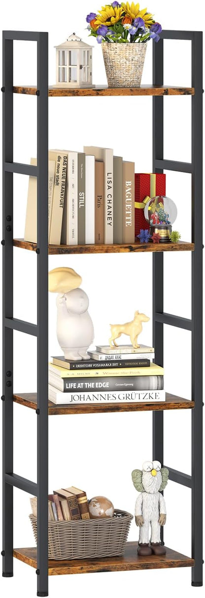 4 Tier Bookshelf, Small Book Shelf Industrial Bookcase, Metal Narrow Book Case Book Storage Organizer,Bookshelves for Bedroom Office Living Room(4 Tier,Rustic Brown)