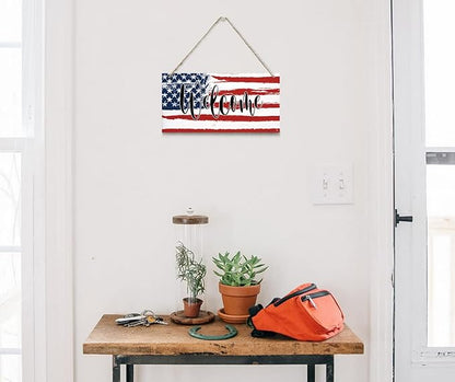 Welcome Decor Sign, Hanging Wood Sign Home Decorative, Printed Wood Wall Art Sign, American Flag Welcome Sign, Patriotic Home Decor, Front Door Decor Sign, Farmhouse Porch Wall Art Sign 12 * 6inch