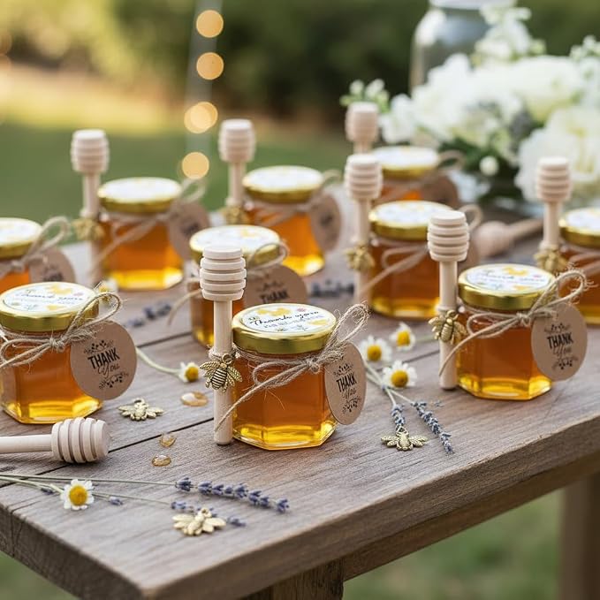 Adabocute Mini Honey Jars - Hexagon Little Glass Honey Jar with Gold Lids, Wooden Dippers, Bee Charms and Jutes - Small Honey Jars for Baby Showers, 20Pack