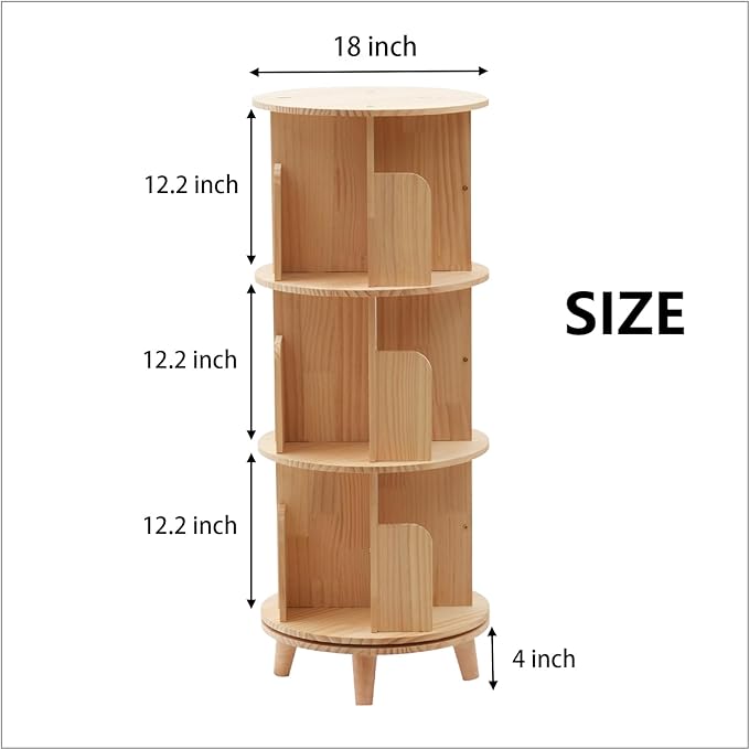 Gdrasuya10 3 Tier Rotating Bookshelf with Legs, Revolving Bookcase Standing Small Bookshelf Storage Wood Bookcase 360 Display Book Shelf Easy Assemble for Bedroom Study Room