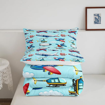 Kids Aircraft Comforter Set Boys Cartoon Airplane Print Comforter Helicopter Flying Plane Bedding Set for Children Girls Travel Decor Duvet Set Cute Colorful Planes Room Decor Full Size Quilt Set