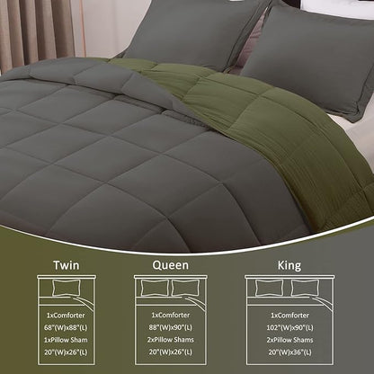 Basic Beyond Queen Comforter Set - Fluffy Comforter Queen Set for All Seasons - Reversible Olive Green Queen Comforter Set for Mens - 3 Pieces (1 Comforter + 2 Pillow Shams) - Olive Green/Drak Gray