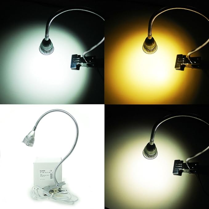 5W 3 Colors LED COB Clip on Light Silver 19.68 INCH 50 CM Tube Desk Flexible Table Bed Lamp Work Home Design lighting 110V 220V 85V - 265V AC with US Plug switch on off 500LM (Silver)