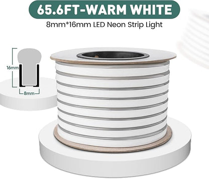 GZBtech Flexible LED Neon Rope Lights 66FT,AC 110-120V Waterproof Strip Light, 120 LEDs/M Cuttable Connectable Neon Lighting for Indoor Outdoor Home Decor/Commercial Building Use-Warm White 20M