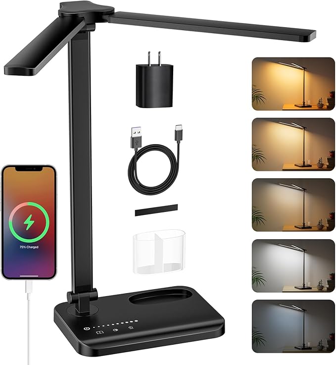 RealPlus Desk Lamp with USB Charging Port & 【Adapter】, 17IN Tall LED Desk Lamps for Home Office, 10W Double Head Desk Lamp with Pen Holder, Memory Function/10 Brightness/5 Colors/Reading Mode/Timer