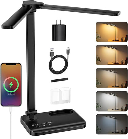 RealPlus Desk Lamp with USB Charging Port & 【Adapter】, 17IN Tall LED Desk Lamps for Home Office, 10W Double Head Desk Lamp with Pen Holder, Memory Function/10 Brightness/5 Colors/Reading Mode/Timer
