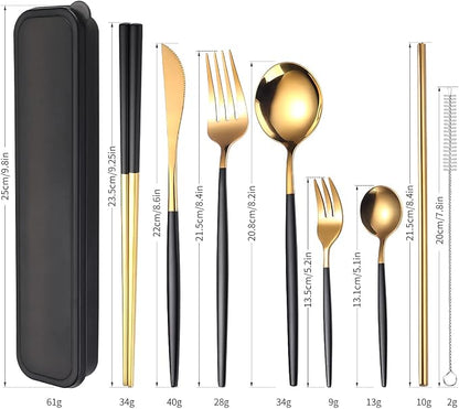 AARAINBOW 8 Pieces Stainless Steel Flatware Set Portable Reusable Cutlery Set Travel Utensils Set Including Chopsticks Knife Fork Spoon Straws Cleaning Brush Dishwasher Safe (Black Golden)