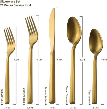Alata Cube Gold 45-Piece Flatware Set, Forged Cutlery Set, Matte Gold Silverware Service for 8, Stainless Steel Tableware with Square Handle for Home/Restaurant, Dishwasher Safe