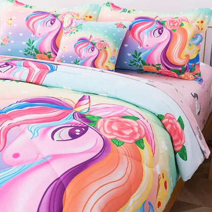 ADASMILE A & S Unicorn Comforter Set Full with Sheets 6 Pieces Floral Pink Unicorn Bedding Set for Girls Kids Unicorn Sheets Soft Bed-in-a-Bag Comforter Reversible Bed Comforter Set for Home Decor