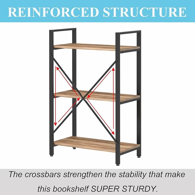 BON AUGURE Industrial 3 Tier Bookshelf, Rustic Small Book Shelves for Small Spaces, Short Wood Metal Etagere Bookcase for Living Room, Bedroom and Office (Vintage Oak)
