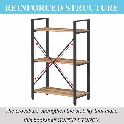 BON AUGURE Industrial 3 Tier Bookshelf, Rustic Small Book Shelves for Small Spaces, Short Wood Metal Etagere Bookcase for Living Room, Bedroom and Office (Vintage Oak)