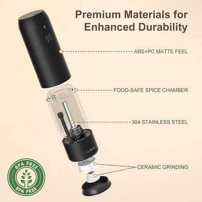 Ultrean Pepper Grinder, Rechargeable Salt and Pepper Grinder with 6 Adjustable Coarseness, LED Light, Automatic Grinder for Kitchen, Home and Kitchen Appliances Birthday Gifts for Women, Black