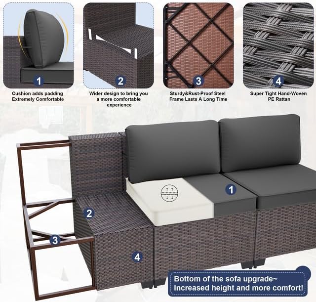 Patio Furniture Set 9-Piece Outdoor Furniture for Backyard Wicker Sectional Sofa Set, Rattan Patio Conversation Set with Thickened Cushions and Glass Coffee Table, Grey