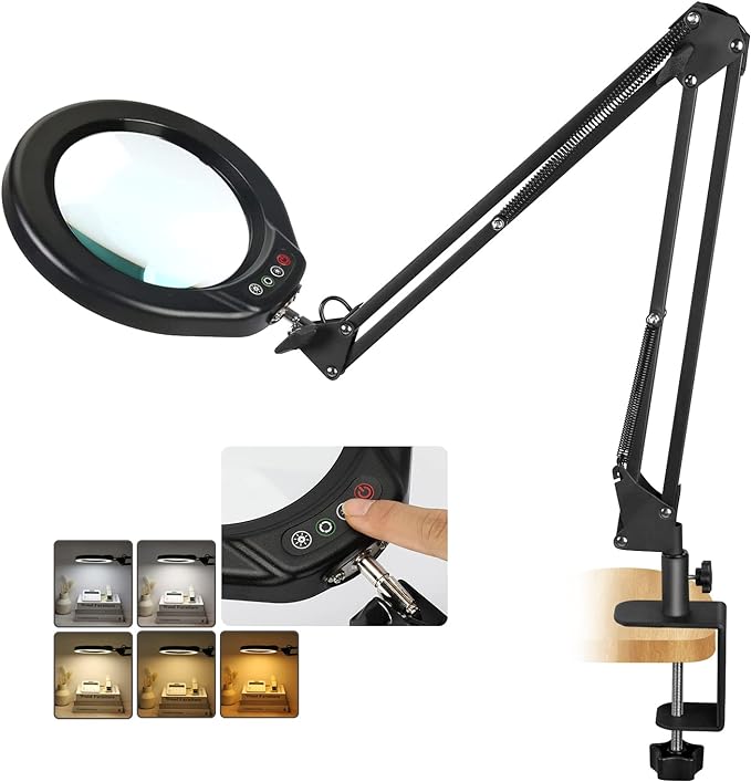 VEEMAGNI 5 Inch Large Magnifying Glass with Light and Stand, 5 Color Modes Stepless Dimmable, Long Swivel Arm LED Clamp Desk Lamp, Hands Free 8X Lighted Magnifier for Close Work Craft Hobby Soldering