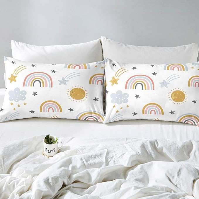 Erosebridal Girls Rainbow Bedding Set, Sun and Stars Comforter Set Queen Size for Kids Boys Children Cartoon Style Cloud Bedding Comforters Girly Soft Microfiber Duvet Insert for Bedroom Decor