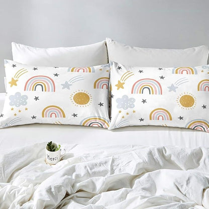 Erosebridal Girls Rainbow Bedding Set, Sun and Stars Comforter Set Queen Size for Kids Boys Children Cartoon Style Cloud Bedding Comforters Girly Soft Microfiber Duvet Insert for Bedroom Decor