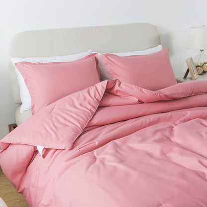Pink Comforter Set Full Size, Solid Blush Girls Pink Down Alternative Boho Bedding Comforter Set, Breathable Fluffy Microfiber 3 PCS Comforter Set for All Seasons