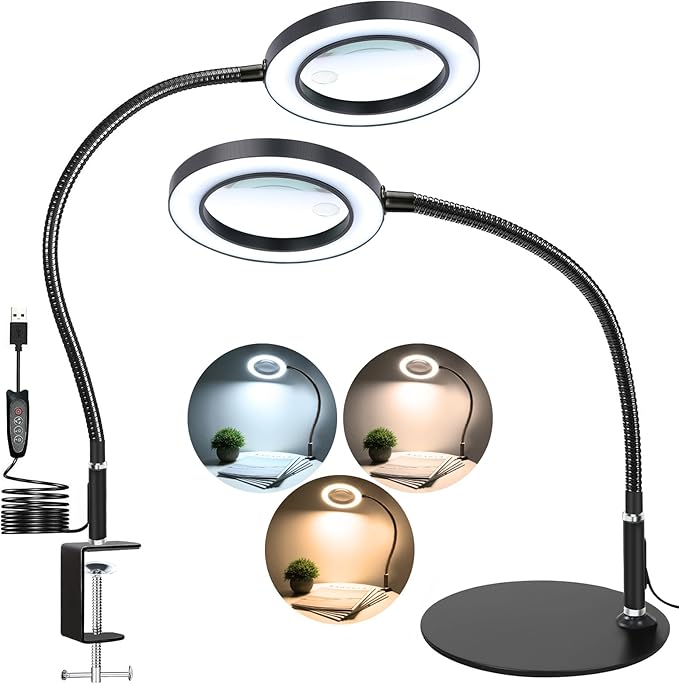 NZQXJXZ 2-in-1 Magnifying Glass with Light and Stand 20X 10X Magnifying Lamp with Large Base & Clamp, 72 LEDs, 3 Color Modes and10 Stepless Dimmable, Desk Magnifier for Hobbies, Reading, Jewelry