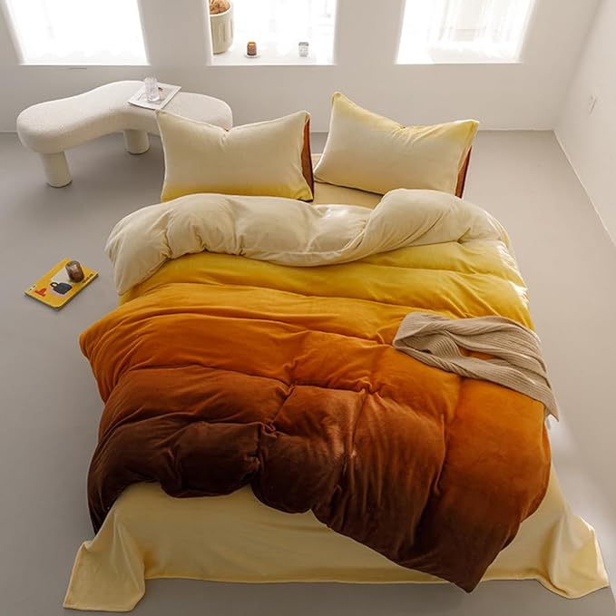 Wellboo Orange Gradient Comforter Sets Twin Yellow and Orange Velvet Bedding Comforters Women Modern Plain Orange Brown Flannel Quilts Farmhouse Abstract Art Orange Plush Blanket Winter Fuzzy Bed