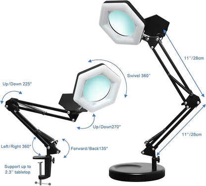 Magnifying Glass with Light and Stand, Dimmable LED Magnifier Desk Lamp with Clamp, 3 Color Modes, Hands Free Magnifying Lights for Close Work, Repair, Swing Arm Magnifying Work Light with Base