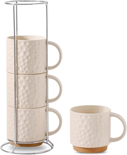 Nihow 16 OZ Ceramic Coffee Mug with Stackable Stand,Set of 4,White | Stackable, Stainless Stand Included, Cappuccino & Tea, Hot/Cold Drinks, Dishwasher & Microwave Safe