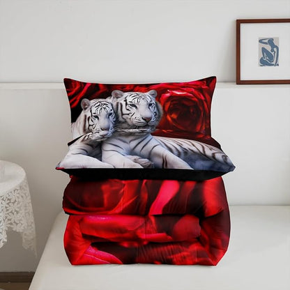 Tiger Comforter Set Twin, Red Rose Down Comforter Kids Girls Women,Red Image of Large Cat Playing with Water Cool Nature Animal Quilted Duvet Insert Gorgeous Floral Flower Bedding Comforters,Brown