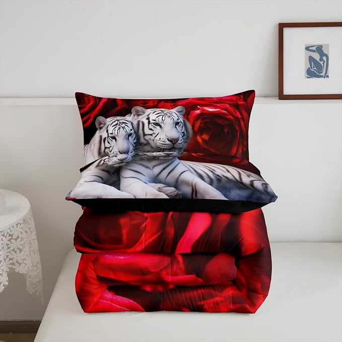 Tiger Comforter Set Full, Red Rose Down Comforter Kids Girls Women,Red Image of Large Cat Playing with Water Cool Nature Animal Quilted Duvet Insert Gorgeous Floral Flower Bedding Comforters,Brown