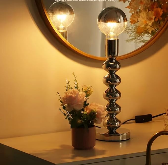 Simple Lamps,Unique Lamp Base Only,Mini Bedside Table Lamp Bases,E26 Edison Light Bulb Stand for Small Spaces,Minimalist Desk Lamps Set w/ 5.8ft White Cord Switch Plug,No Bulb,Silver/Chrome,L