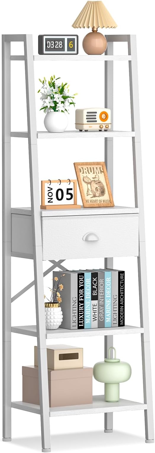 Furologee 5 Tier BookShelf, Ladder Shelf with Drawer, Tall Bookcase Corner Shelf, Narrow Shelf Industrial Display Standing Units for Home Office, Living Room, Bedroom, Kitchen, White