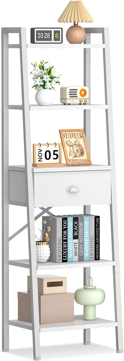 Furologee 5 Tier BookShelf, Ladder Shelf with Drawer, Tall Bookcase Corner Shelf, Narrow Shelf Industrial Display Standing Units for Home Office, Living Room, Bedroom, Kitchen, White