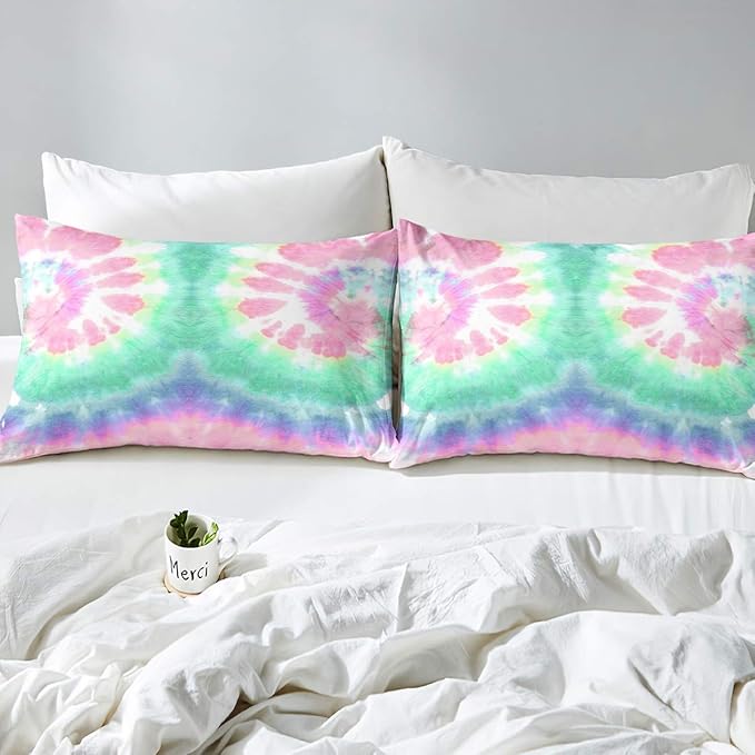 Erosebridal Kids Tie Dye Comforter Set, Bohemian Psychedelic Duvet Sets Full Size for Girls Boys Teens Women Bedroom, Boho Gypsy Spiral Bedding Set Watercolor Trippy Duvet Insert, Pink Teal Blue