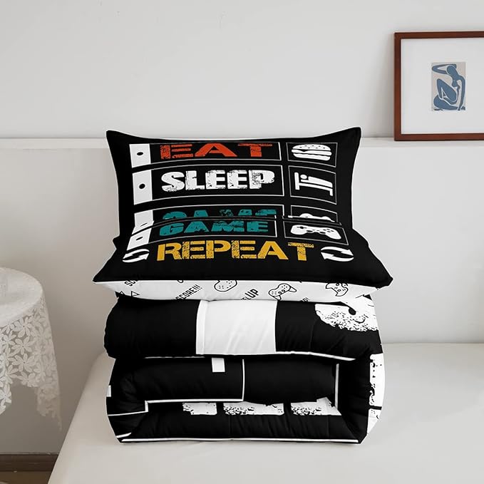 Gamer Comforter Sets for Boys King Size Gaming Bedding Set Teens Kids Games Controller Comforter Room Decor Funny Creative Eat Sleep Game Repeat Design Reversible Inner Fill Comforter for All Season