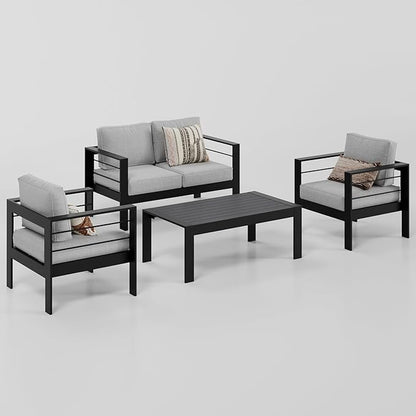 Wisteria Lane 4-Piece Aluminum Patio Furniture Set, Outdoor Furniture with Coffee Table, Metal Sofa Set for Deck, Porch, Balcony, Indoor, Black Frame & Light Grey Cushion