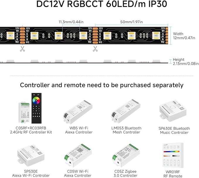BTF-LIGHTING RGBCCT 5 Colors in 1 LED 5050SMD RGBWW RGB+Dimmable Tunable Color Temperature 2700K-6500K 16.4ft 60LEDs/m 300LEDs DC12V Multi-Colored Lights IP30 for Decoration(No Adapter or Controller)
