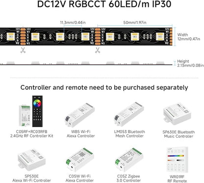 BTF-LIGHTING RGBCCT 5 Colors in 1 LED 5050SMD RGBWW RGB+Dimmable Tunable Color Temperature 2700K-6500K 16.4ft 60LEDs/m 300LEDs DC12V Multi-Colored Lights IP30 for Decoration(No Adapter or Controller)
