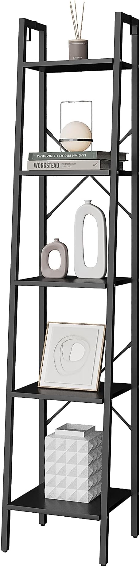 Ladder Shelf, Bookshelf Bookcase, Freestanding Corner Storage Shelve with 2 Hooks for Home Office, Living Room, Kitchen, Bedroom, Industrial, 5-Tier Black BC03204B