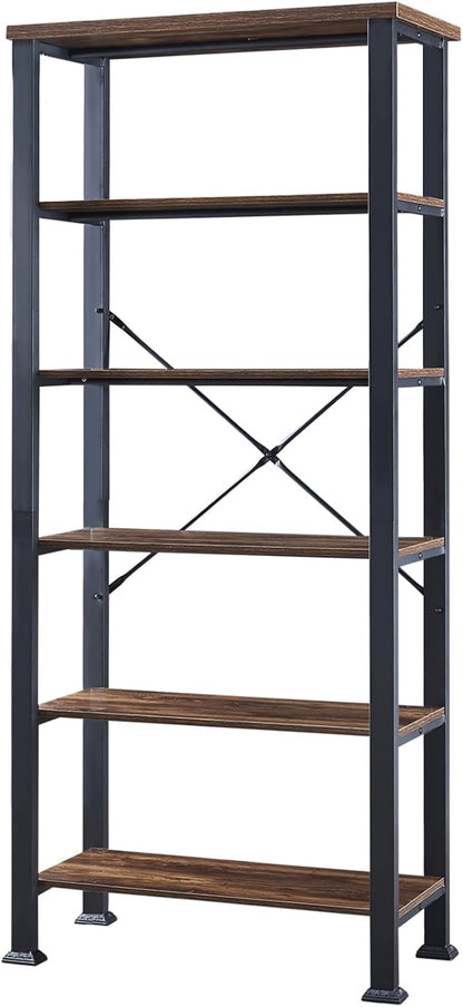 HOMBAZAAR Bookshelf, 6-Tier Vintage Industrial Book Shelf, Rustic Wood and Metal Bookcase and Bookshelves, Free Standing Storage Large Bookshelf for Living Room, Bedroom and Kitchen, Brown