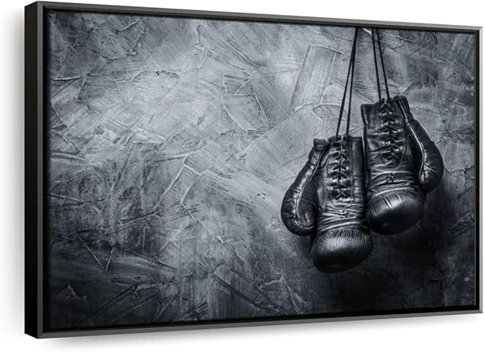 ElephantStock Boxing Gloves Wall Art - Horizontal Framed Canvas - 1-Piece Living Room Wall Decor - Photography Sports Canvas Print - Black and Gray Decor for Wall - 13" X 9"
