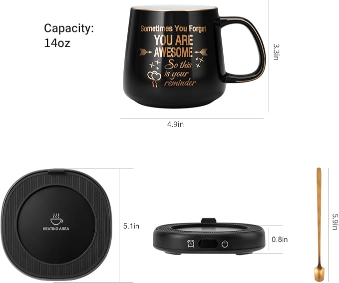 Coffee Mug Warmer & You are Awesome Mug Set, Electric Cup Warmer with Auto Shut Off, 4 Temperature Setting Smart Beverage Warmer, 8-Hours Auto Shut Off (Black Awesome Mug)