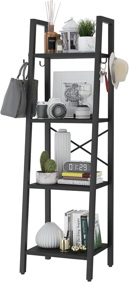 YMYNY 4 Tiers Ladder Bookcase, Industrial Narrow Bookshelf, Open Display Rack with 4 S Hooks, Metal Storage Shelves for Bedroom, Home Office, Living Room, Black, 49.2H*13.4L*11.8W, UHBC024B
