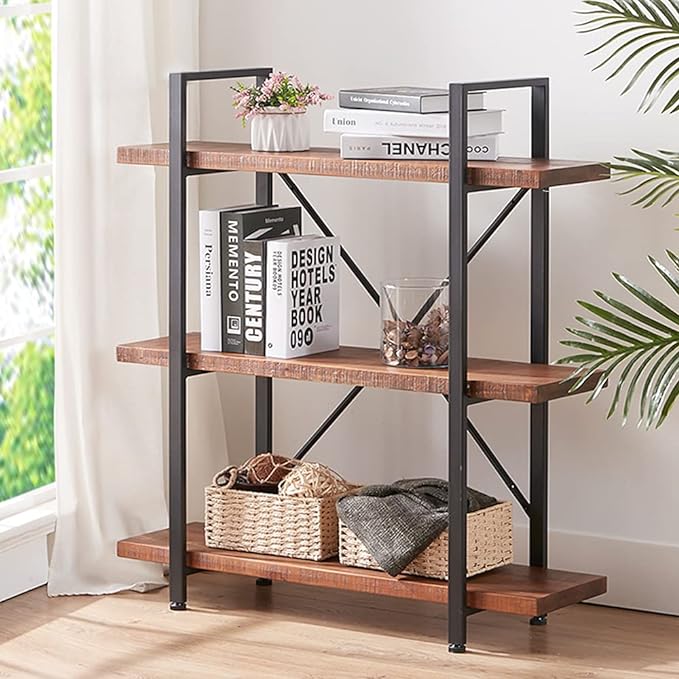 HSH Natural Real Wood Bookshelf, 3 Tier Rustic Vintage Industrial Etagere Bookcase, Open Metal Farmhouse Solid Wooden Book Shelf, Distressed Brown