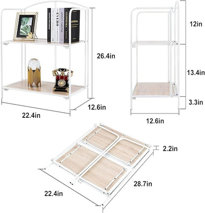 No Assembly Folding Bookshelf for Living Room, 2 Tier White Collapsible Book Shelf for Home Office, Portable Bookcase Storage Organizer