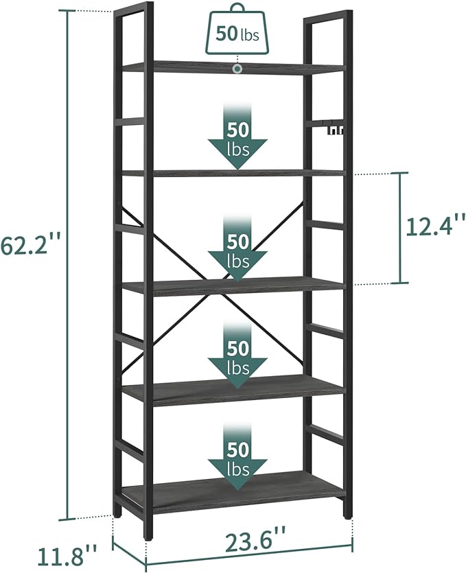 Yoobure 5 Tier Bookshelf - Tall Book Shelf Modern Bookcase for CDs/Movies/Books, Rustic Book Case Industrial Bookshelves Book Storage Organizer for Bedroom Home Office Living Room Grey