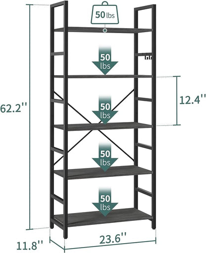 Yoobure 5 Tier Bookshelf - Tall Book Shelf Modern Bookcase for CDs/Movies/Books, Rustic Book Case Industrial Bookshelves Book Storage Organizer for Bedroom Home Office Living Room Grey