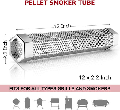 12” Smoke Tube for Pellet Smoker, Hot/Cold Smoking on Grill 5hrs | Stainless Steel 12" Smoker Tube with Wood Pellet or Chips, Hot or Cold Smoking on any Grill or Smoke for 5 Hrs, Easy to Clean