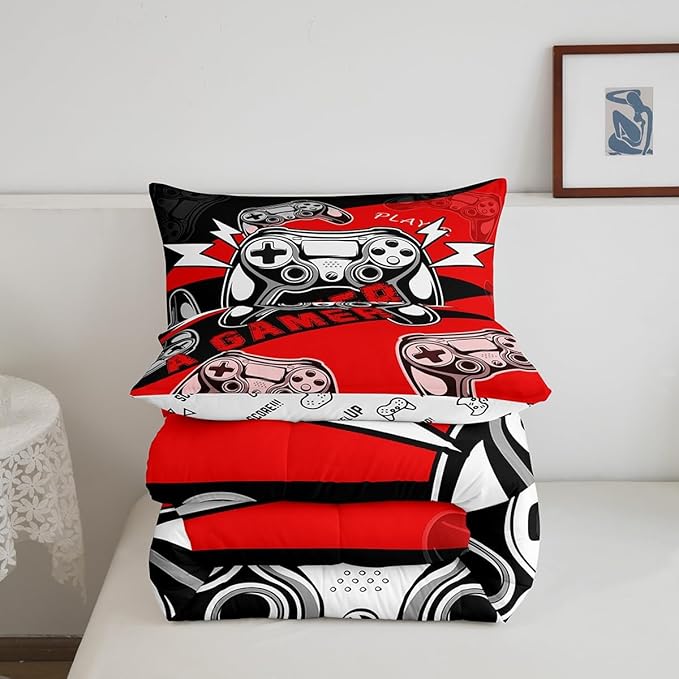 Erosebridal Twin Comforter Set for Boys Girls Kids,Gamer Comforter Sets for Boys Teens Video Game Bedding Set,Gaming Console Comforter Bedroom Decor Red Black 2Pcs